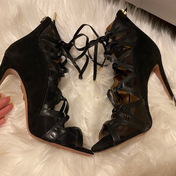 Aquazzura Black Leather Suede Strappy French Lover Booties SZ 37 - Picture 9 of 13